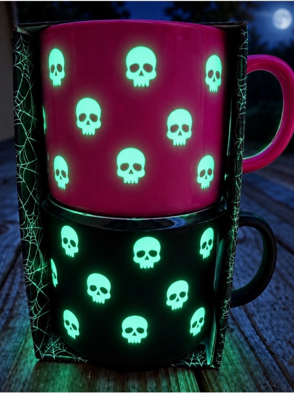 Glow in the dark Skeleton or Skull Ceramic Mug Set - Pink & Black